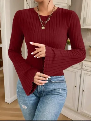 SHEIN Frenchy Women's Fall Winter Autumn Casual Solid Color Bell Sleeve Textured Fabric Crew Neck T-Shirt,New Years Women Outfit