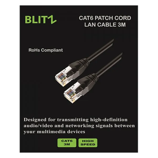 BLITZ® - Cat6 3M Patch Cord - 3M Cat6 UTP, CCA Conductor, RoHS Compliant, 1 Year Warranty