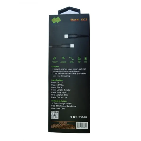 BLITZ - CC3 Type-C Cable | 15W Quick Charge | 1M TPE | CE Certified | 1-Year Warranty