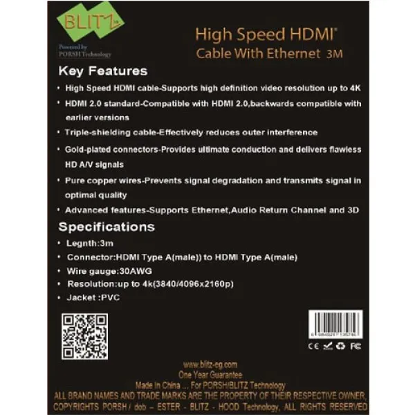 BLITZ - HDMI 3M Cable - 4K, Pure Copper, 1 Year Warranty